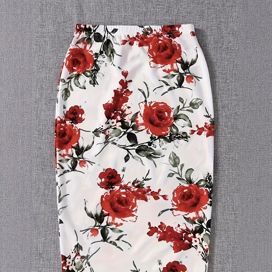 Dame Elegant blyantskørt med blomster mønstre og elastisk talje Stilla