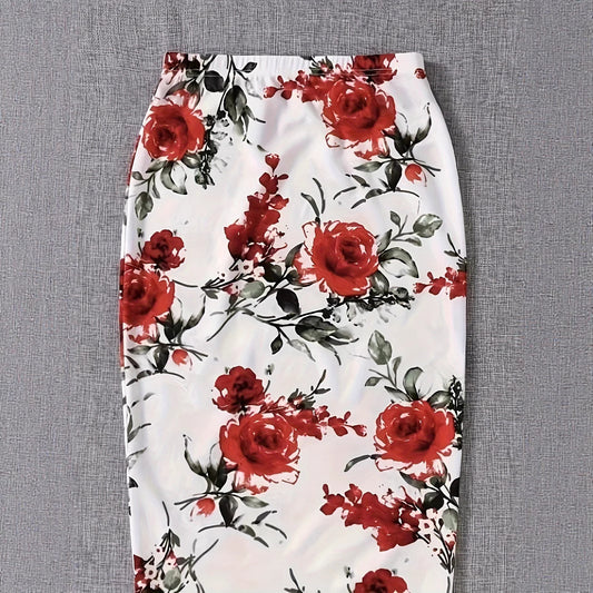 Dame Elegant blyantskørt med blomster mønstre og elastisk talje Stilla