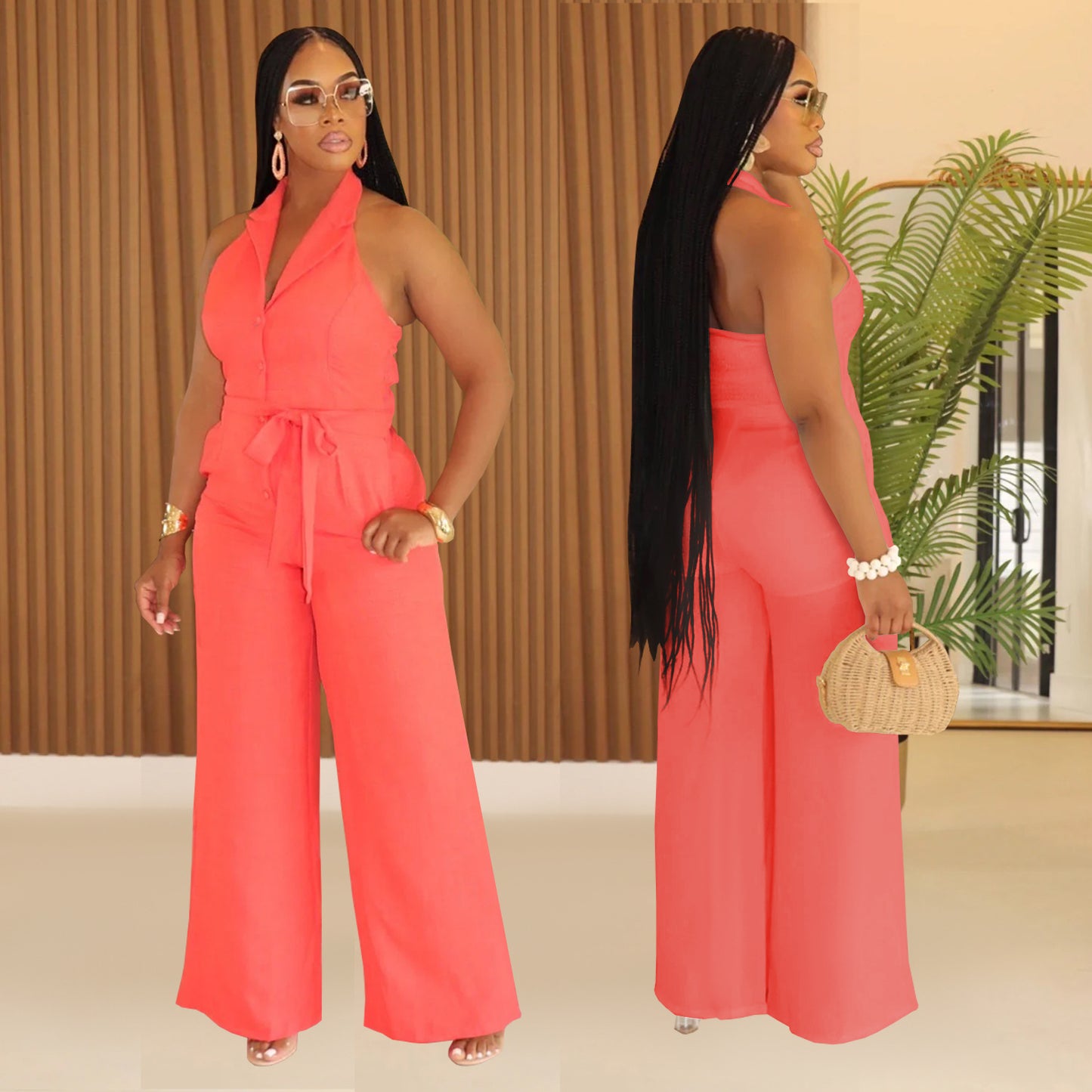 Dame Elegant Halter-Overall med brede ben og taljebælte Stilla