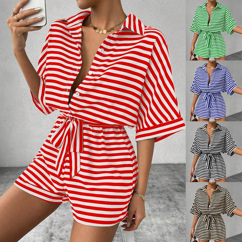 Dame Stribet Casual Knap-Op Jumpsuit Stilla