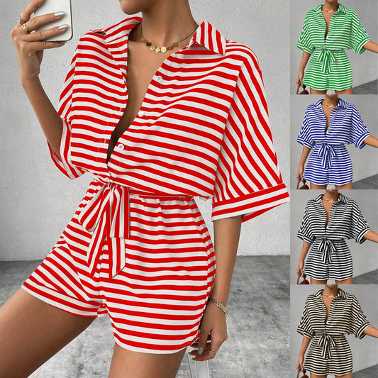 Dame Stribet Casual Knap-Op Jumpsuit Stilla