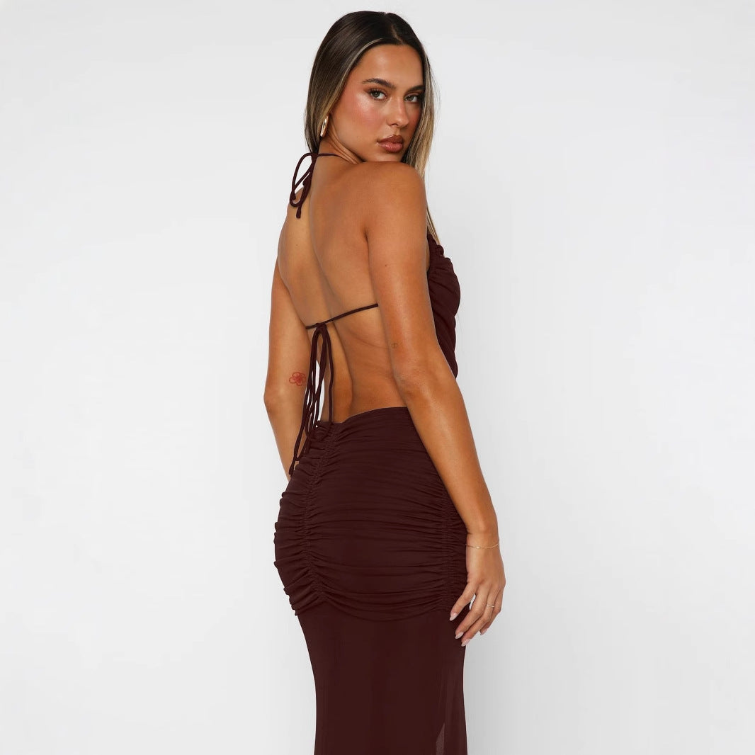 Dame elegant lang jumpsuit med rynket overdel og højt ben split Stilla