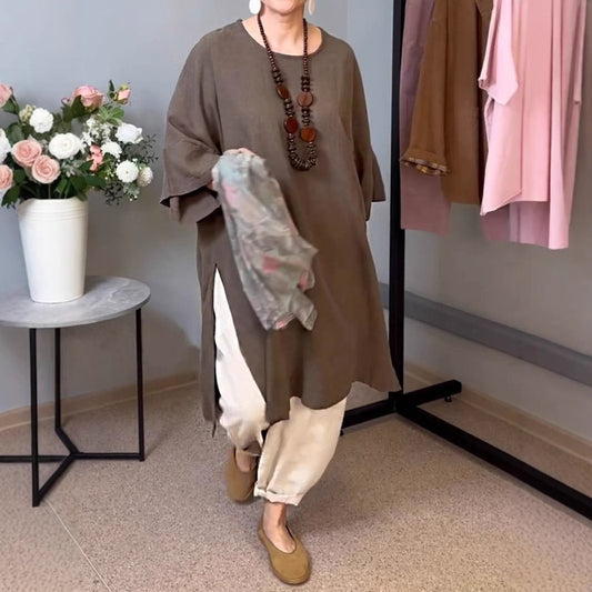 Dame afslappet langærmet tunika med sidelids og moderne snit Stilla