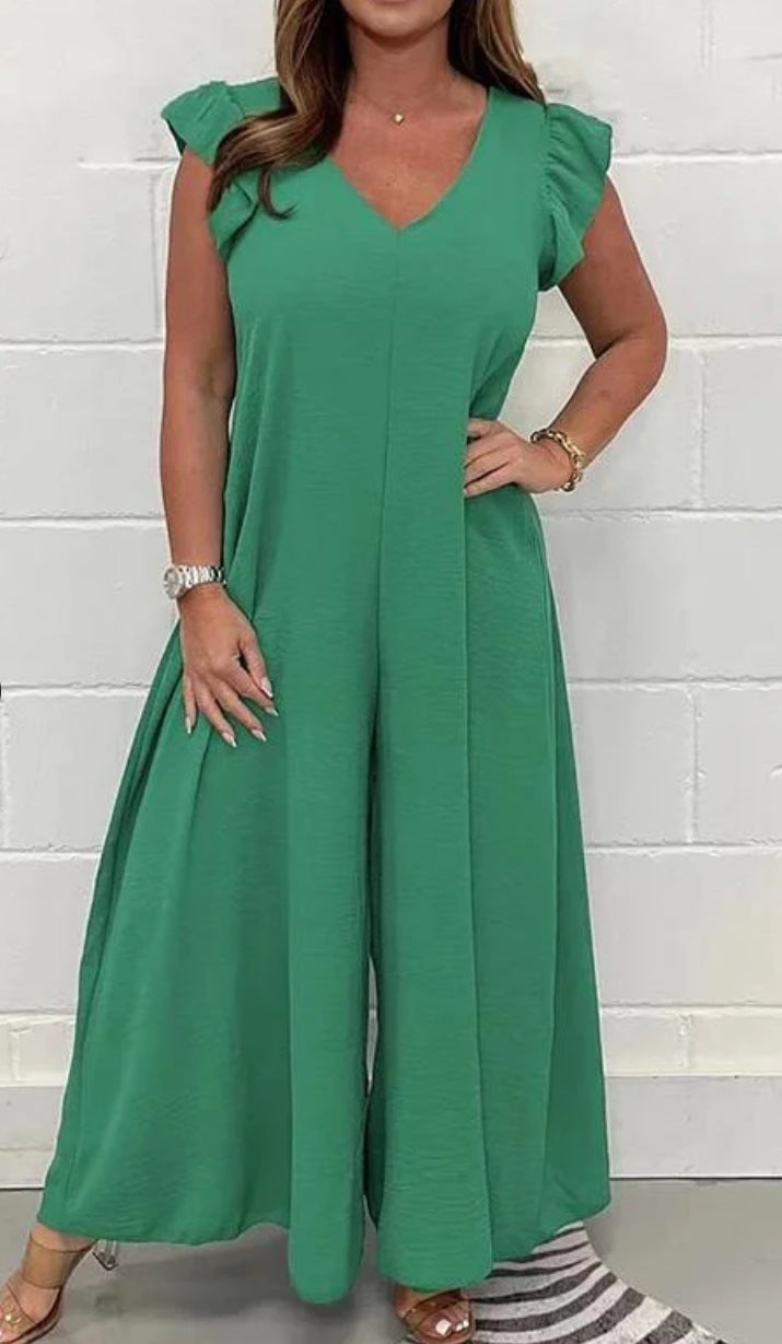 Dame jumpsuit med voluminøse ben og elegant V-udskæring Stilla