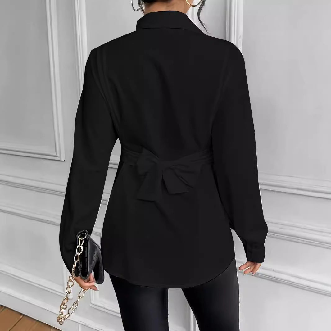 Dame elegant bluse med figursyet bælte og struktureret krave Stilla