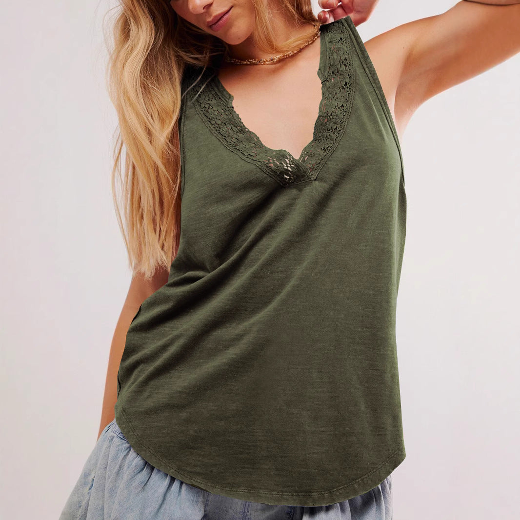 Dame afslappet spaghetti-top med romantiske spidsdetaljer og dyb V-udskæring Stilla