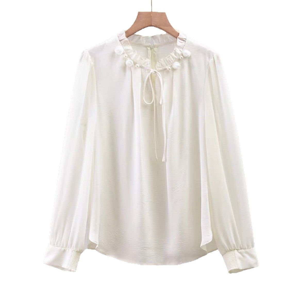 Dame Elegant Bluse med Flæsedetaljer og PerleacCenter Stilla