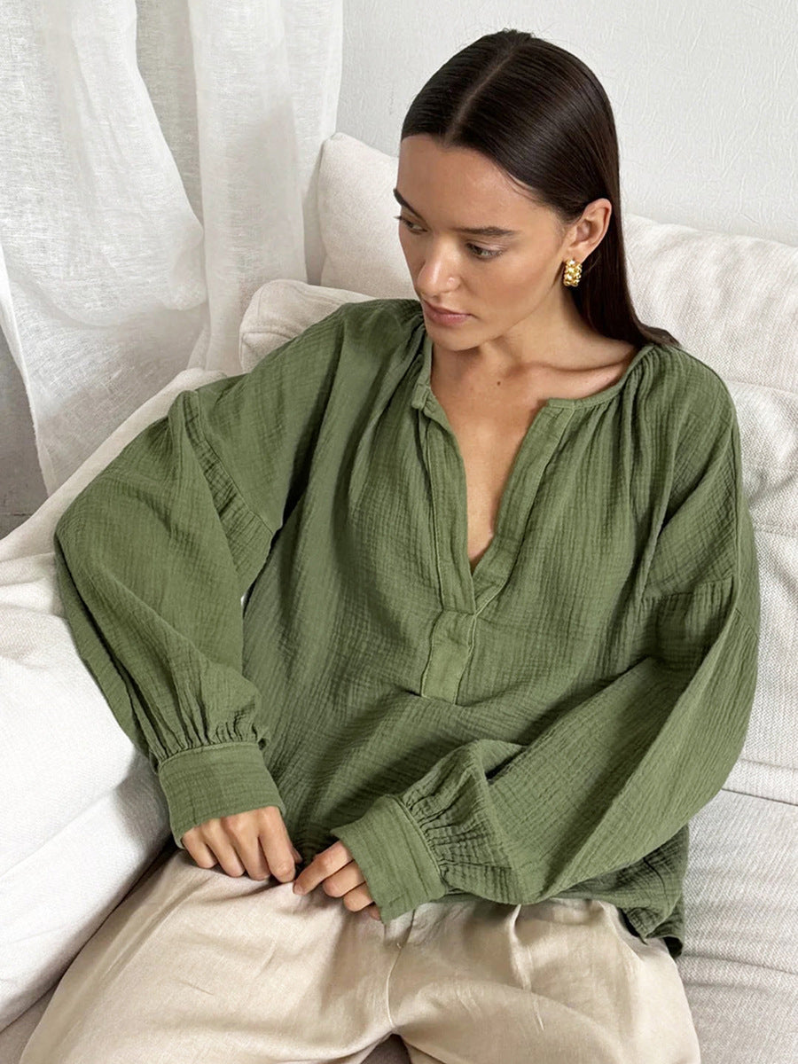 Dame afslappet langærmet bluse med halv-høj krave lavet af let bomuldsstof Stilla