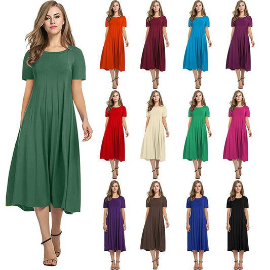 Dame afslappet midikjole med vidde skørt og rund halsudskæring Stilla