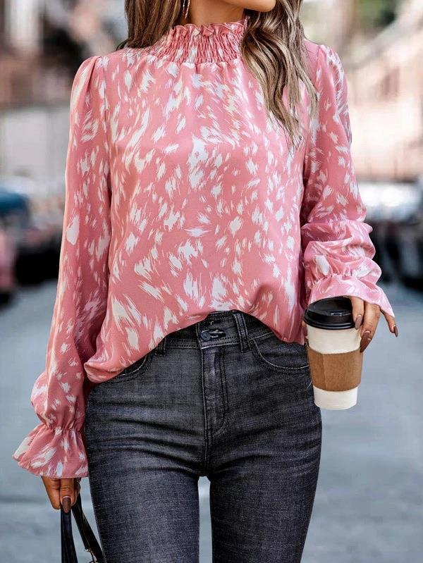 Dame Elegant Bluse med Rulle detaljer og dyretrykt Stilla