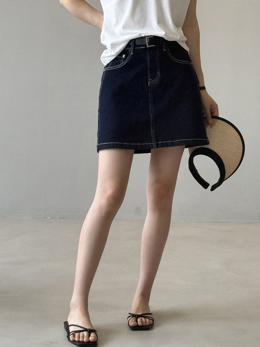 Dame Denim-nederdel med aftageligt bælte og klassisk snit Stilla