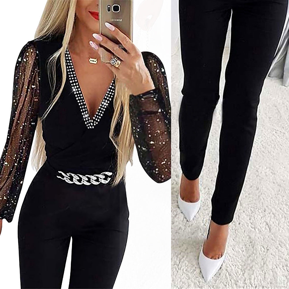 Dame Elegant Jumpsuit med glitrende ærmer og dyb V-udskæring Stilla