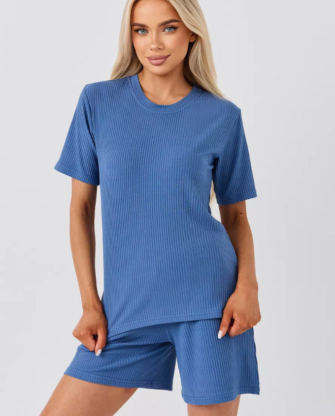 Dame afslappet ribstrik to-delt sæt med shorts og T-shirt Stilla