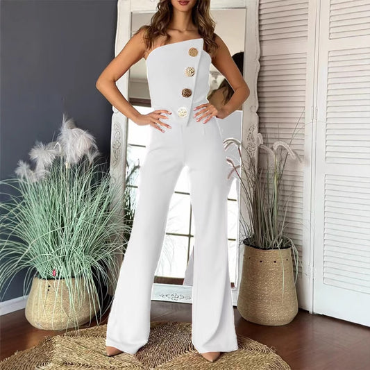 Dame Elegant skåret Jumpsuit med asymmetrisk overdel og gyldne knapdetaljer Stilla