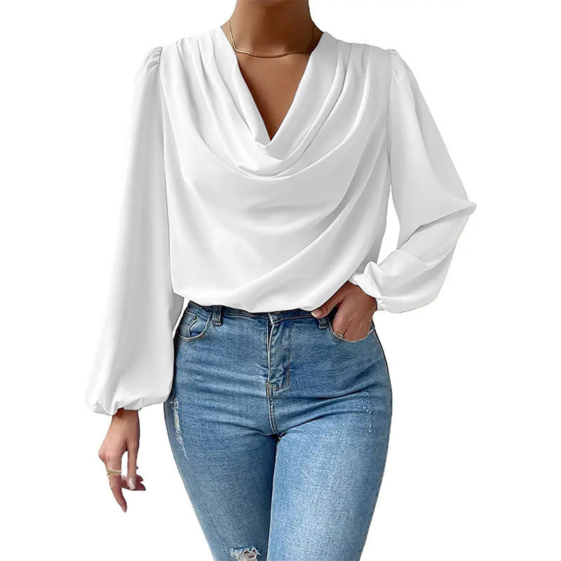 Dame elegant bluse med asymmetrisk krave og lange puffærmer Stiila