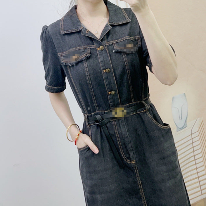 Dame Denim Kjole med taljerbar bælte og elegante lommer Stilla