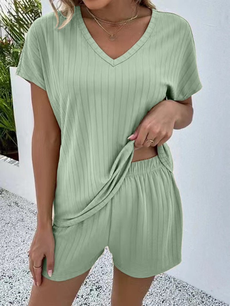 Dame Casual V-hals Kortærmet Pyjamas med Shorts Stilla
