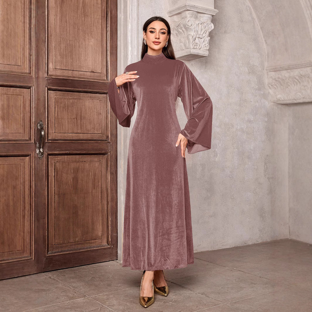 Dame elegant fløjl maxi kjole med høj krave og vide udskårne ærmer Stilla