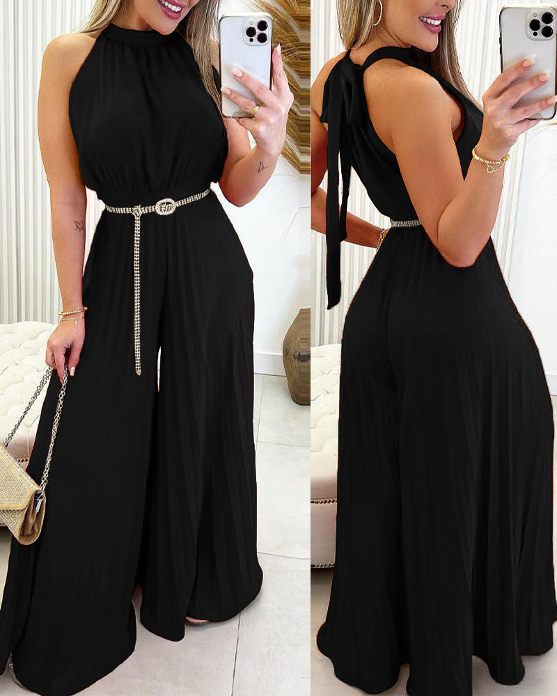 Dame Elegant Jumpsuit med bredt ben og taljebælte Stilla