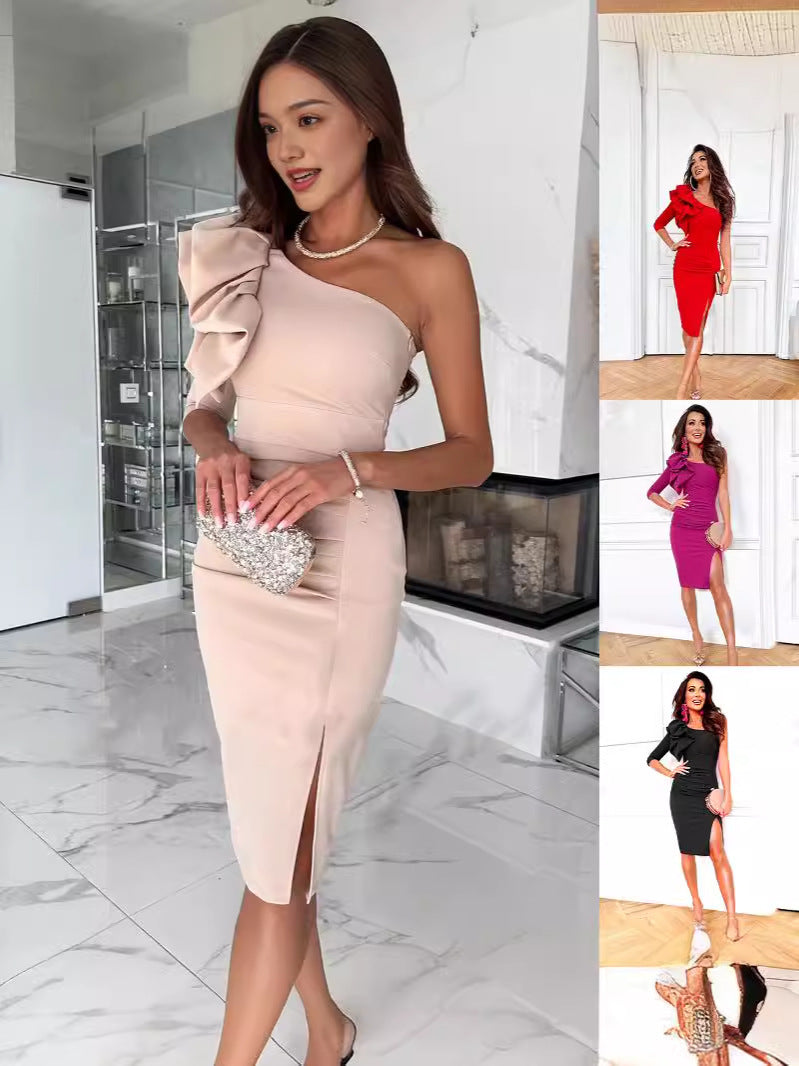 Dame elegant asymmetrisk kjole med flæse detaljer Stilla