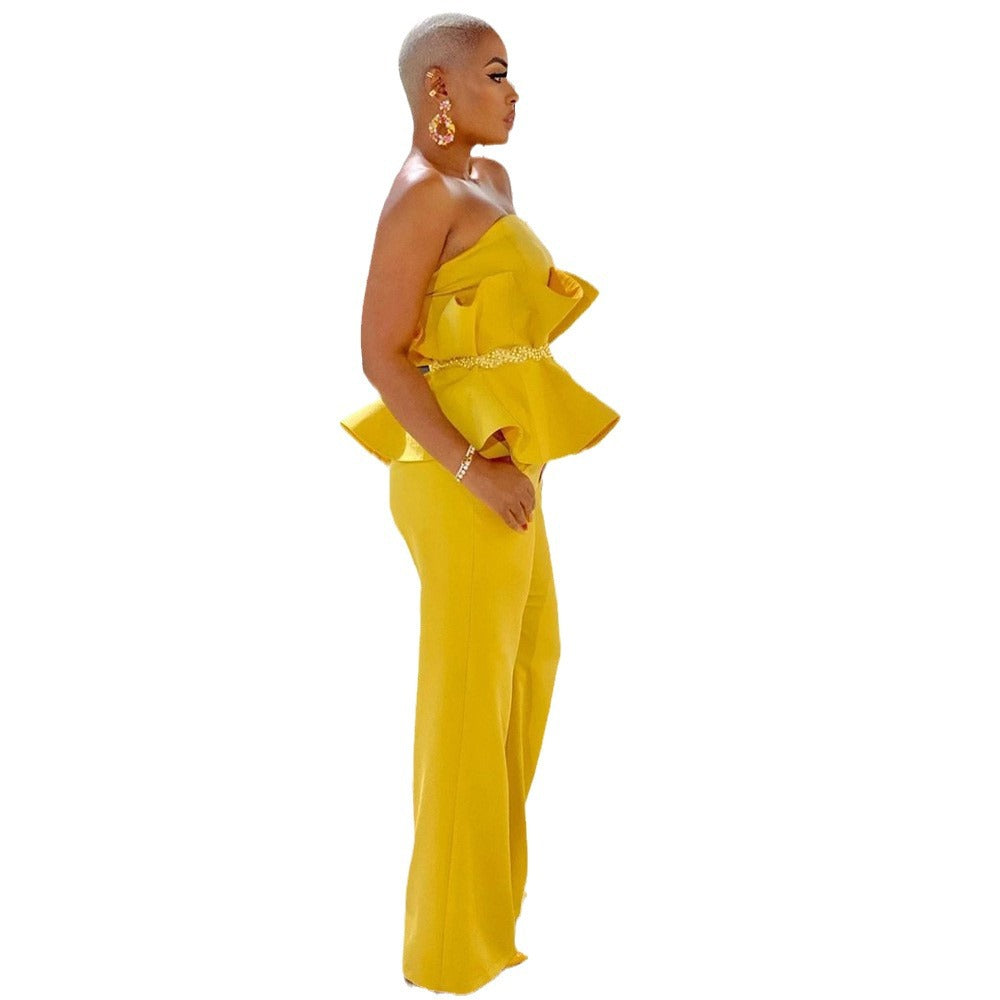 Dame elegant jumpsuit med rynkedesignet overdel og bred ben Stilla