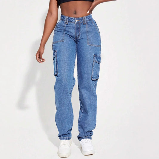 Dame Vintage Cargo Jeans med elastisk talje og sidelommer Stilla