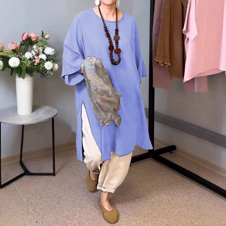 Dame afslappet langærmet tunika med sidelids og moderne snit Stilla