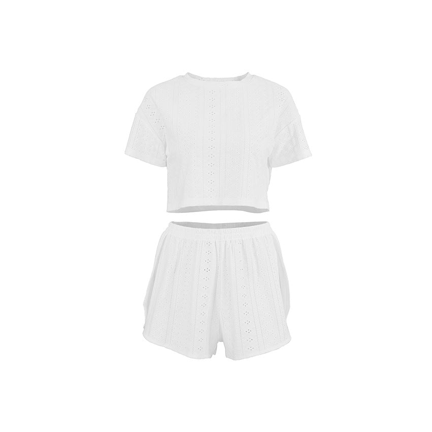 Dame afslappet kortærmet sæt med hulmønster og elastisk bånd Stilla