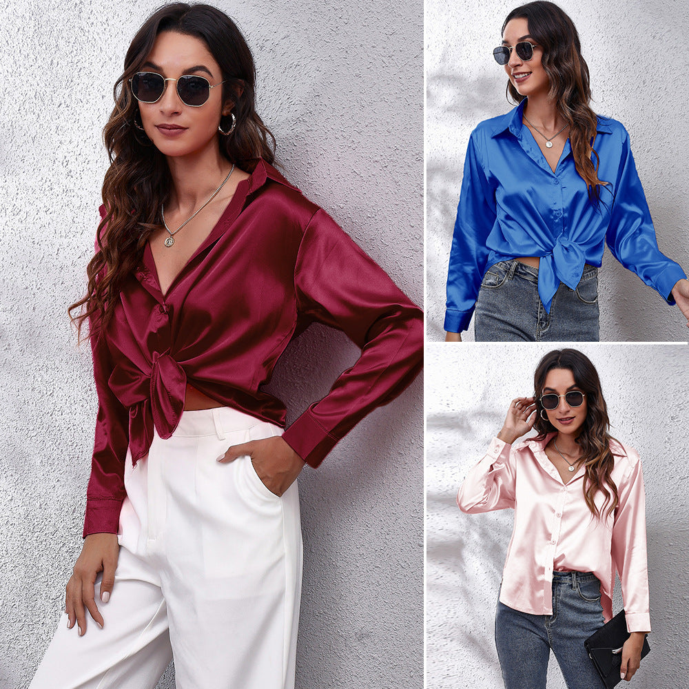Dame Satin Bluse med Knote Lukning Stilla