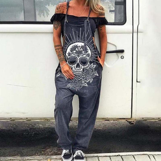 Damer Casual Jumpsuit med stilfuldt solskinsprint og dødningehovedmotiver Stilla