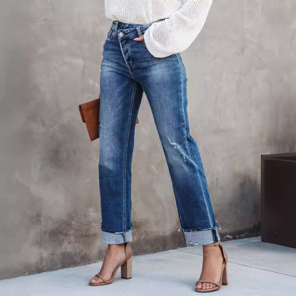 Dame High-Waist Jeans med afslappet Wide-Leg-snit og frynset ender Stilla
