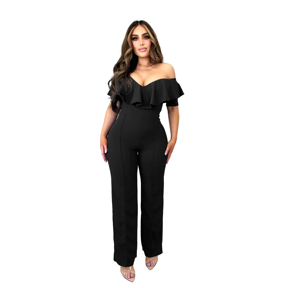 Dame elegant jumpsuit med flæset udskæring Stilla
