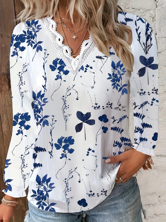 Dame Elegant Bluse med romantisk blomstertryk og spidsaccenter Stilla