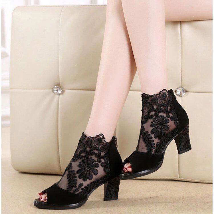 Dame Åbne Høje Hæle med blomster spidse-design og robust blokhæl Stilla