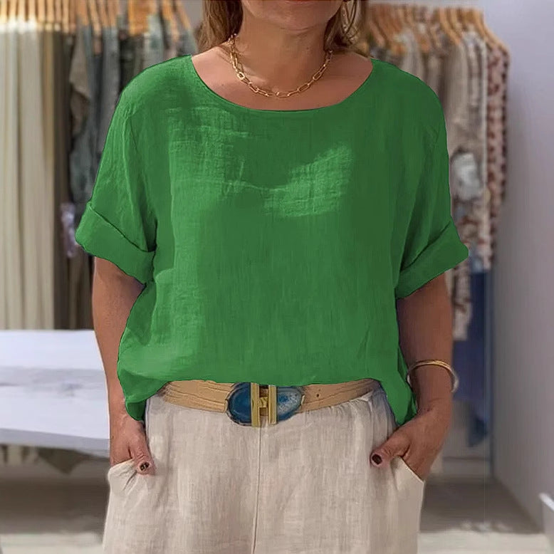 Dame afslappet linnedbluse med oppadgående ærmer og bred pasform Stilla