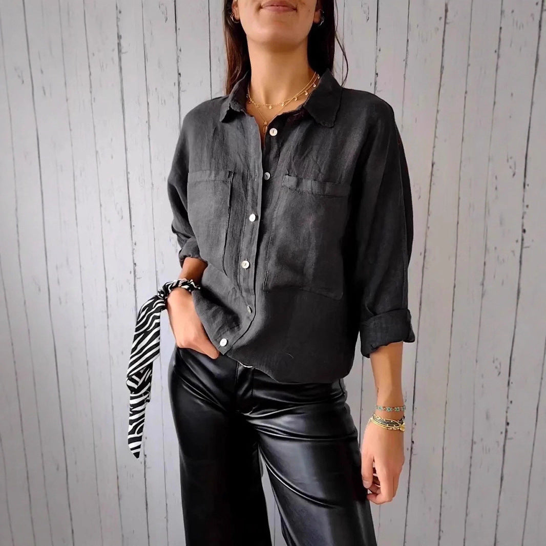 Dame afslappet linned bluse med brystlommer og opfoldede ærmer Stilla