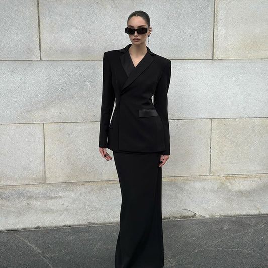 Dame elegant Blazer & Nederdel Sæt med luksuriøs Satin kant Stilla