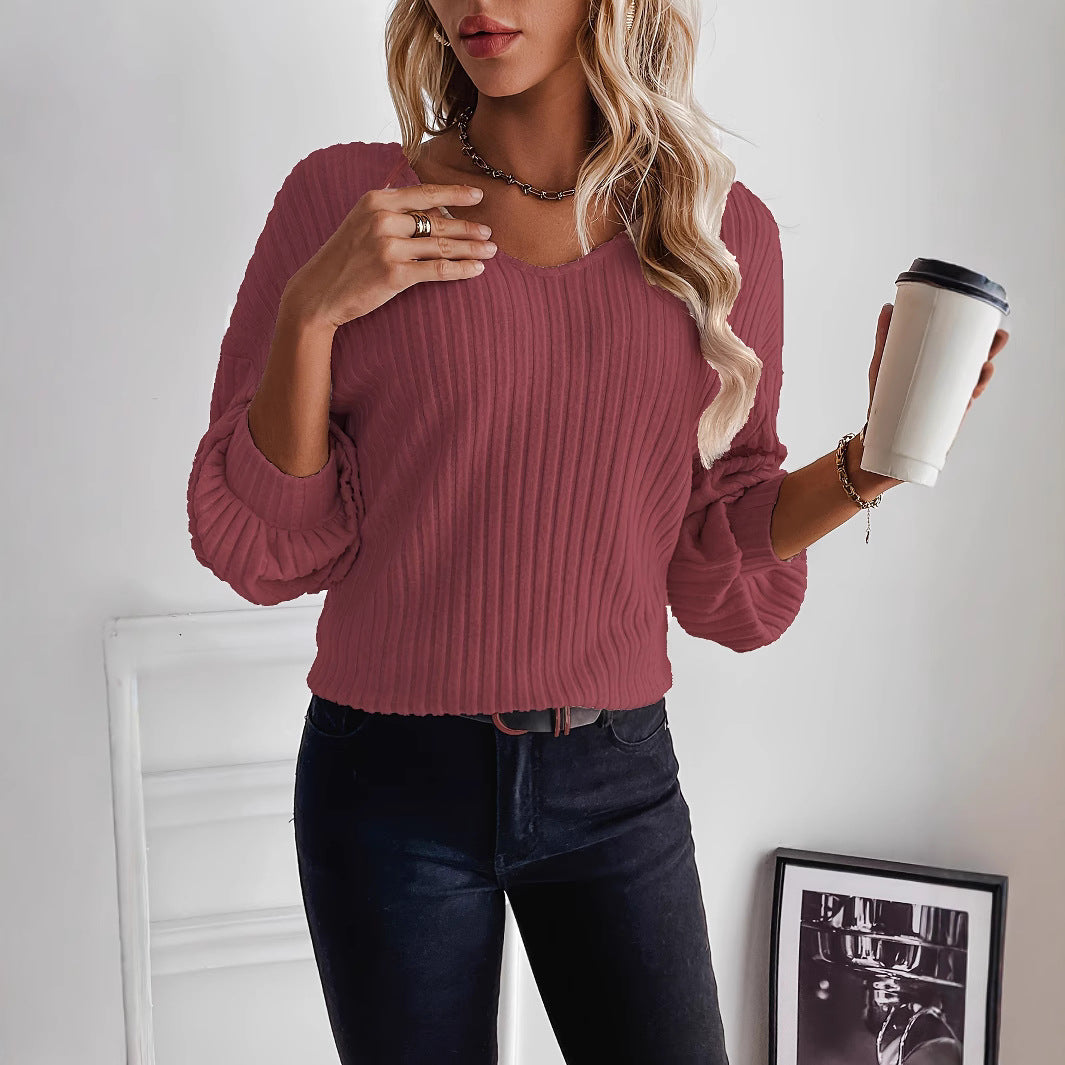 Dame afslappet ribpullover med V-hals Stilla