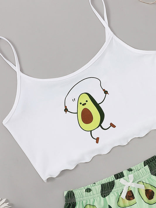 Dame Crop-Top og Shorts Sæt med sjovt Avocado-motiv Stilla