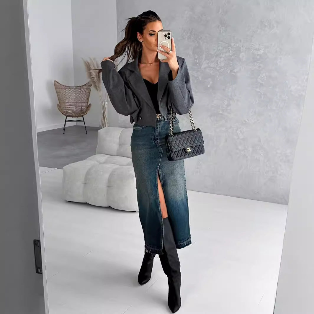 Dame Denim-midi nederdel med høj split og frynset akcenter Stilla