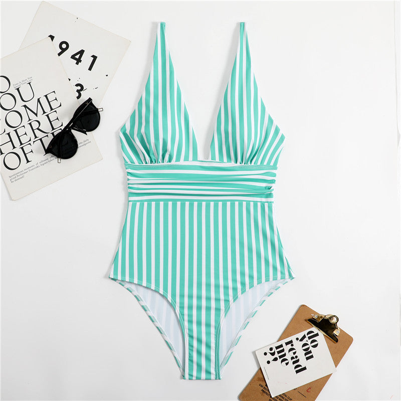 Dame hel jumpsuit badedragt med dyb V-hals og vertikale striber Stilla