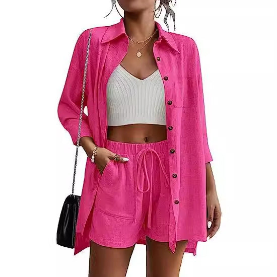 Dame afslappet linned sæt med korte bukser og skjorte Stilla