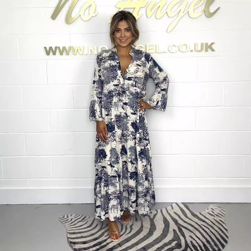 Dame afslappet maxikjole med dekorativt print og lange ærmer Stilla