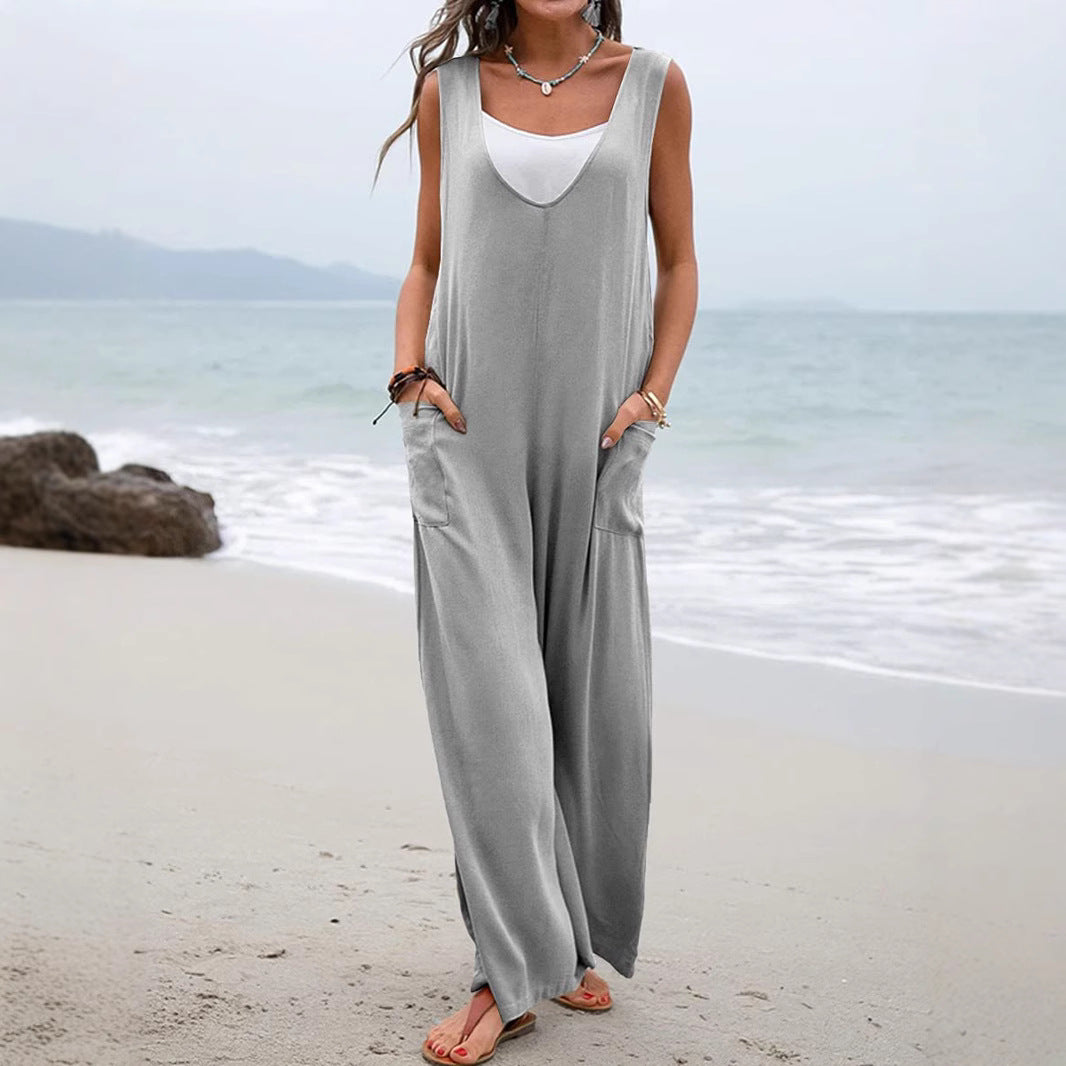 Dame Bredskåret Jumpsuit med praktiske lommer og V-udskæring Stilla