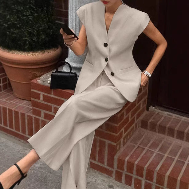 Dame Elegant Jumpsuit-Sæt med figursyet Blazer og løstsiddende Bukser Stilla