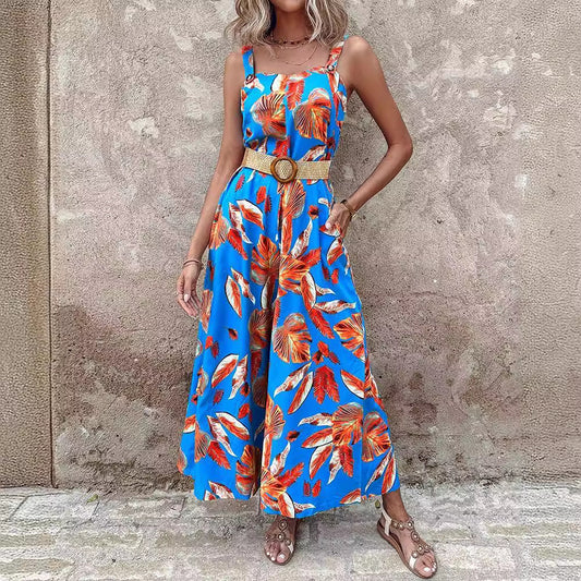 Dame jumpsuit med floral design og tætsiddende bælte Stilla