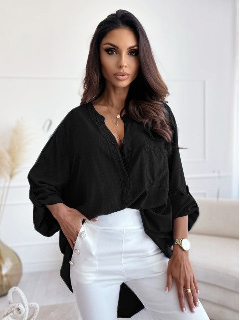 Dame afslappet bluse med knapliste Stilla