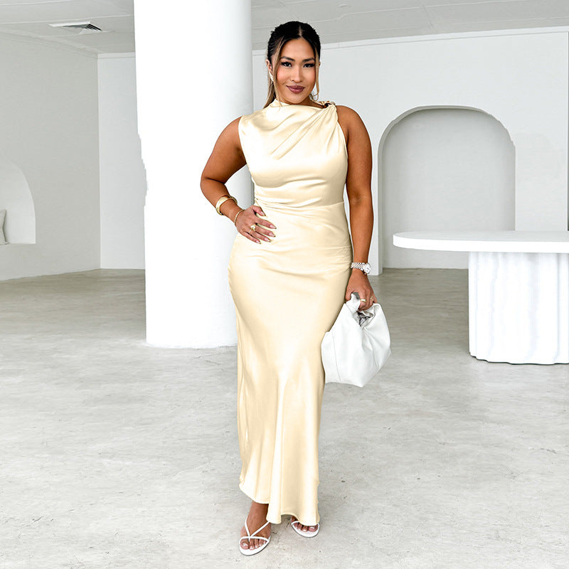 Dame Elegant Bodycon-maxikjole med asymmetrisk udskæring og satinlignende finish Stilla