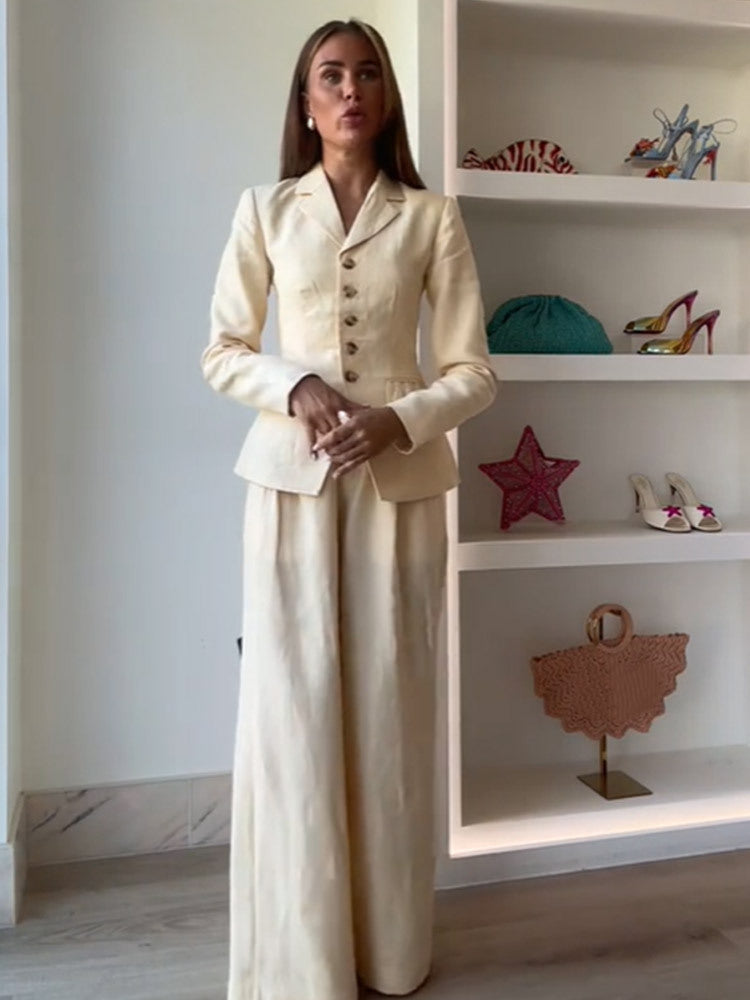 Dame elegant buksedragt sæt med figursyet jakke og bredt skåret bukser Stilla