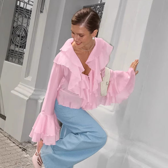 Dame elegant flæsebluse med flydende snit Stilla